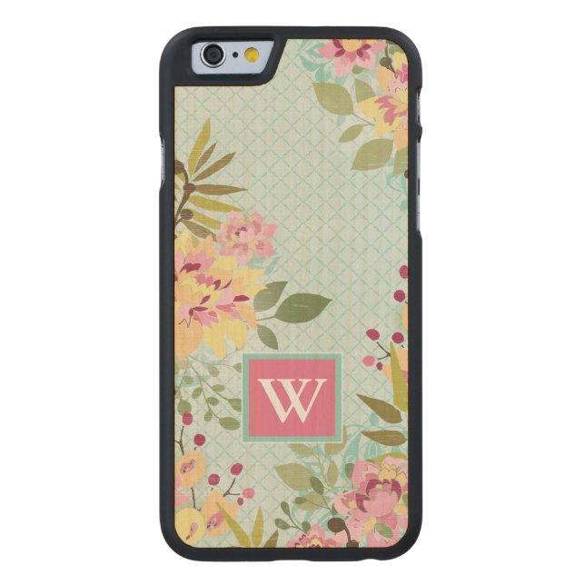 Coque Carved En Bois Pour iPhone Monogramme | Jardin floral, Arrière - plan bleu (Dos)