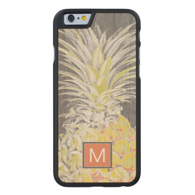 Coque Carved En Bois Pour iPhone Monogramme | Pinneapple jaune tropical (Dos)