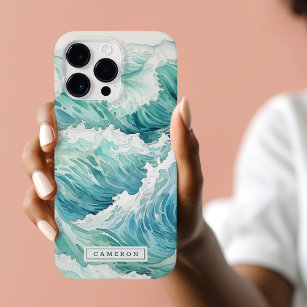 Coque Case-Mate iPhone Aquarelle bleu vagues nom personnalisé