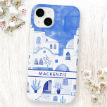 Coque Case-Mate iPhone Aquarelle de l'île grecque de Santorin personnalis<br><div class="desc">Paysage bleu et blanc aquarelle basé sur Oia sur l'île grecque de Santorin. Modifiez le nom pour customiser. Art original de Nic Squirrell.</div>