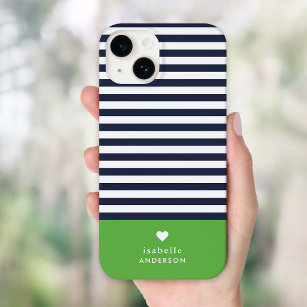 Coque Case-Mate iPhone Bleu de marine et vert Chic rayures Coeur Monogram