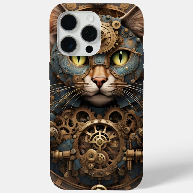 Coque Case-Mate iPhone bleu steampunk cat AI art iPhone 15 Pro Max Coque (Verso)