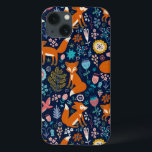 Coque Case-Mate iPhone Colorful Flowers & Foxes Pattern<br><div class="desc">Colorful retro flowers cute birds and red foxes cartoon style illustration on dark blue background color you can change</div>