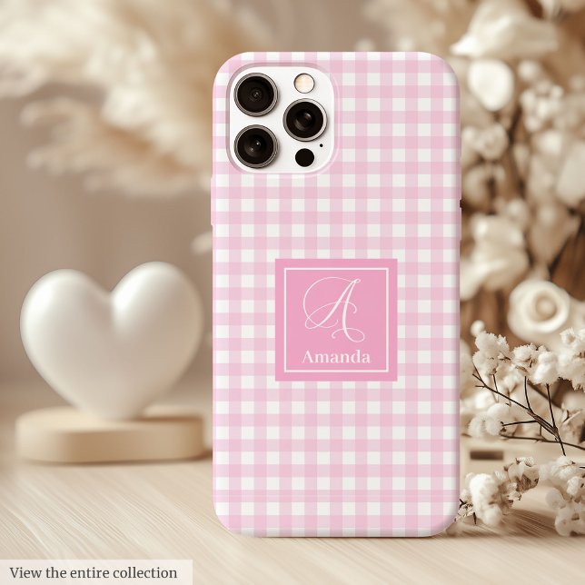 Coque Case-Mate iPhone Coque iPhone carreaux rose moderne – Accent nom tr (Trendy Pink Plaid iPhone Case Elegant Custom Name)