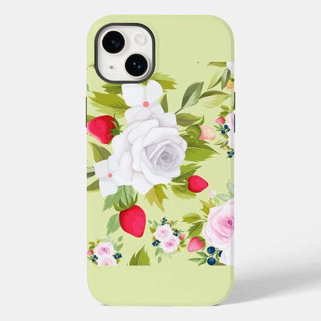 Coque Case-Mate iPhone Coque iphone de fleurs vertes (Seamless pattern with flowers, strawberries and blueberries on a light green background.)