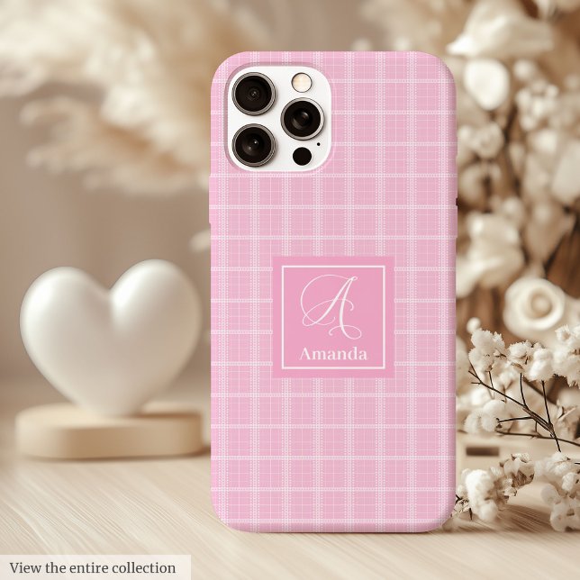 Coque Case-Mate iPhone Coque iPhone Moderne à Carreaux Roses avec Nom Per (Modern Pink Plaid iPhone Case Chic Custom Name)