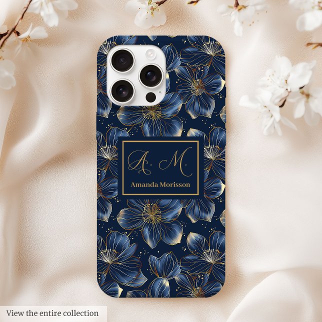 Coque Case-Mate iPhone Coque iPhone Navy Gold Élégante Fleur Personnalisé (Navy Gold iPhone Case Elegant Floral Custom Name)