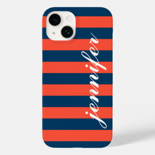 Coque Case-Mate iPhone Corail Red et Navy Strips Custom Script Monogramme