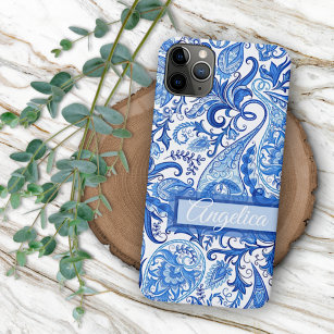 Coque Case-Mate iPhone Custom Light Bleu foncé Blanc floral Paisley Art