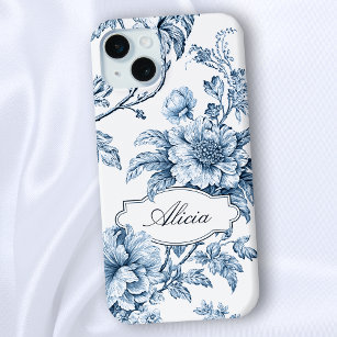 Coque Case-Mate iPhone Élégant floral bleu gravé avec nom ou monogramme