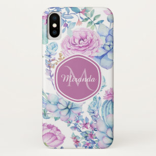 Coque Case-Mate iPhone Élégant violet et bleu Succulent Floral avec nom