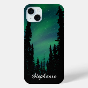 Coque Case-Mate iPhone Forêt d'aurores boréales vertes personnalisée
