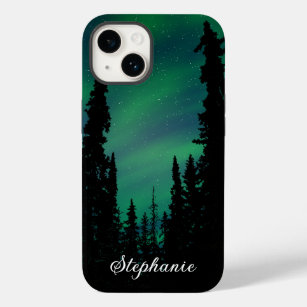 Coque Case-Mate iPhone Forêt d'aurores boréales vertes personnalisée