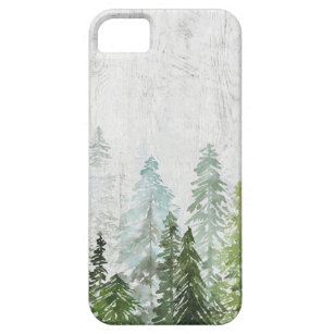 Coque Barely There iPhone 5 Forêt de pin d'aquarelle rustique sur bois Texté