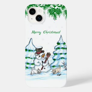 Coque Case-Mate iPhone Joyeux Noël ! Snowman avec chat et chiot