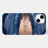 Coque Case-Mate iPhone Marbre bleu rose or nom monogramme (Back (Horizontal))