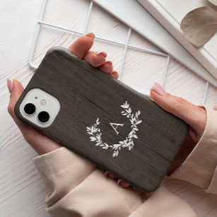 Coque Case-Mate iPhone Monogramme de feuille rustique en bois foncé initi