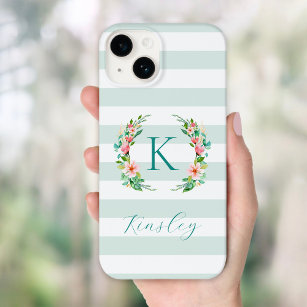 Coque Case-Mate iPhone Monogramme de rayures florales et de menthe Paradi