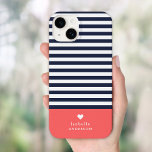 Coque Case-Mate iPhone Navy Blue and Coral Chic Stripes Heart Monogram<br><div class="desc">Stylish custom phone case in coral, navy blue and white colors. This design features a preppy classic navy and white striped pattern. Personalize it with your name monogram or other custom text with a cute heart symbol. Use the design tools to choose any background colors, edit the text fonts and...</div>