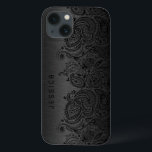 Coque Case-Mate iPhone Noir métallique avec dentelle de marguerite noire<br><div class="desc">Style métallique gris foncé noir brossé avec dentelle en cachemire floral noir. monogramme personnalisable et optionnel</div>