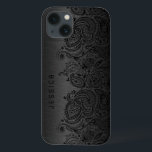 Coque Case-Mate iPhone Noir métallique avec dentelle de marguerite noire<br><div class="desc">Style métallique gris foncé noir brossé avec dentelle en cachemire floral noir. monogramme personnalisable et optionnel</div>