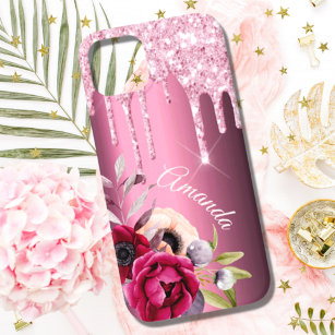 Coque Case-Mate iPhone Parties scintillant rose goutte bordeaux fleurons 