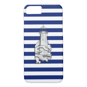 Coque Case-Mate iPhone Phare Silver Style sur Blue Nautical Stripes