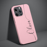 Coque Case-Mate iPhone Pink Black Elegant Calligraphy Script Name<br><div class="desc">Pink Black Elegant Calligraphy Script Custom Personalized Name iPhone 14 Smart Phone Cases features a modern and trendy simple and stylish design with your personalized name in elegant hand written calligraphy script typography on a soft pink background. Designed by ©Evco Studio www.zazzle.com/store/evcostudio</div>