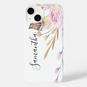 Coque Case-Mate iPhone Plumes de fleurs roses écriture de boho blanc