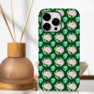Coque Case-Mate iPhone Roses Vintages verts, Monstera et Motif de plumes