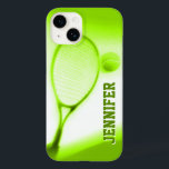 Coque Case-Mate iPhone Tennis ball et raquette sport coque iphone vert<br><div class="desc">Coque sportif de tennis pour iphone. Personnalisez cet objet avec votre nom. Cet exemple montre Jennifer. Cette oeuvre originale unique a été photographiée et conçue par Sarah Trett pour www.mylittleeden.com</div>