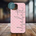 Coque Case-Mate iPhone Trendy Polka Dot blush pink script gray name<br><div class="desc">A feminine and girly polka dot design with a name in a handwritten,  calligraphy font.</div>