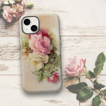 Coque Case-Mate Pour iPhone Roses blanches et roses vintages peintes à la main<br><div class="desc">De beaux roses vintages fleurissent sur un arrière - plan doux et neutre.</div>