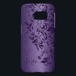 Coque Samsung Galaxy S7 Dentelle Florale Violette Sur Texture Métallique V<br><div class="desc">Elégante couleur violet foncé dentelle vintage florale tourbée sur une texture métallique violet imprimé. monogramme personnalisable.</div>