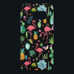 Coque Samsung Galaxy S7 Flamants roses roses & Fleurs tropicales & Succule<br><div class="desc">Flamants roses mignons aux fleurs tropicales,  feuilles,  oiseaux et ananas sur arrière - plan noir.</div>