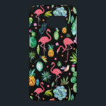 Coque Samsung Galaxy S7 Flamants roses roses & Fleurs tropicales & Succule<br><div class="desc">Flamants roses mignons aux fleurs tropicales,  feuilles,  oiseaux et ananas sur arrière - plan noir.</div>