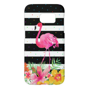 Coque Samsung Galaxy S7 Fleurs tropicales et bandes noires du Flamant rose