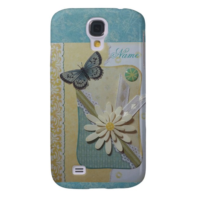 Coque Casemate Pour Samsung Galaxy Marguerite et papillon sur la sarcelle (Dos)