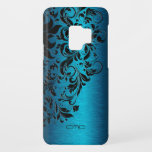 Coque Case-Mate Pour Samsung Galaxy S9 Métallo Turquoise-Bleu & Noir Dentelle Design<br><div class="desc">Elégante couleur bleu-vert turquoise métallique arrière - plan en aluminium brossé look dentelle florale noire. monogramme personnalisable.</div>