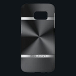 Coque Samsung Galaxy S7 Moderne Black Metallic Print Argent Accent<br><div class="desc">Élégante impression de texture métallique noire brillante,  look en acier inoxydable,  accents de rayures argentées et monogramme personnalisé. Design moderne et élégant.</div>