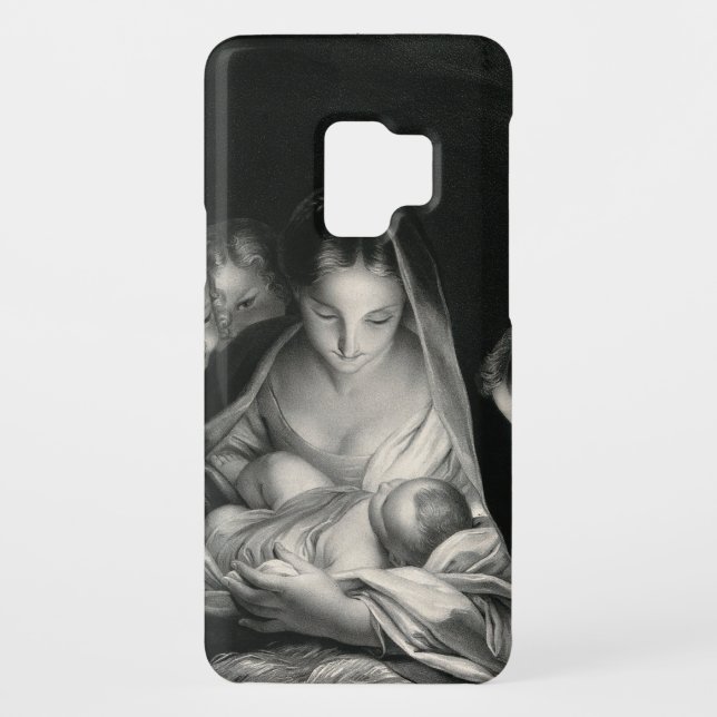 Coque Casemate Pour Samsung Galaxy Nativité Bébé Jésus Vierge Marie Anges Noir Blanc (Dos)