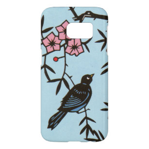 Coque Samsung Galaxy S7 Oiseau noir mignon sur Branche Fleur de cerisier r