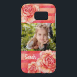 Coque Samsung Galaxy S7 Roses et rayures<br><div class="desc">Des roses mous, d'aquarelle aux nuances des roses et le jaune sont nichés autour de votre photo préférée. Personnalisez avec un nom ou un monogramme. Le style de police, la taille et la couleur des textes peuvent être modifiés. Contactez le concepteur si vous voudriez cette conception sur un autre produit....</div>