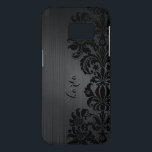Coque Samsung Galaxy S7 Texture en métal noir et accentuation en dentelle<br><div class="desc">Impression de texture métallique en aluminium brossé noir et accent de dentelle florale vintage noir. monogramme personnalisé et optionnel.</div>