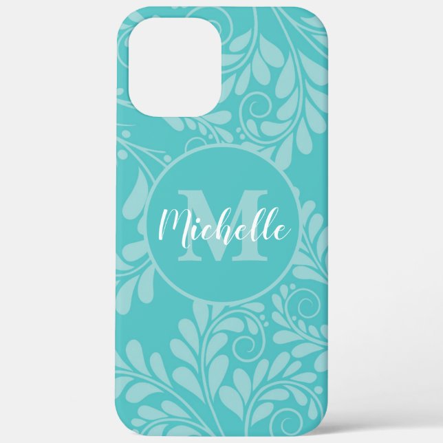 Coque fleuri Turquoise avec initial et nom (Verso)