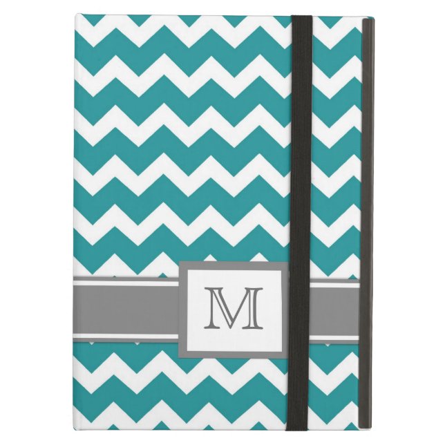Coque iPad Air chevrons turquoises gris de monogramme fait sur (Devant fermé)