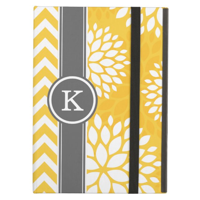 Coque iPad Air Monogramme jaune et gris Chevron et Floral (Devant fermé)