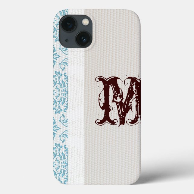 Coque ipad de monogramme Damask Filigree bleu (Verso)