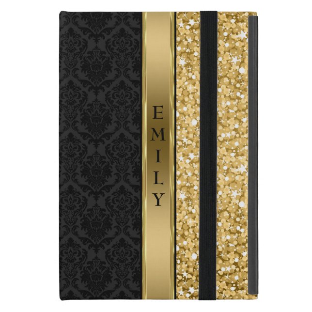 Coque iPad Mini Elégante Parties scintillant en or noir Damask (Devant fermé)