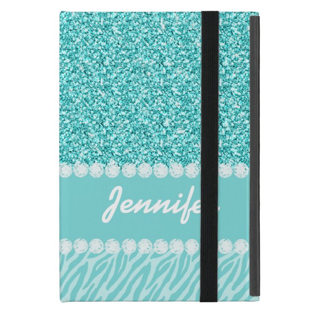 Coque iPad Mini Parties scintillantes Girly et turquoises, rayures (Devant fermé)